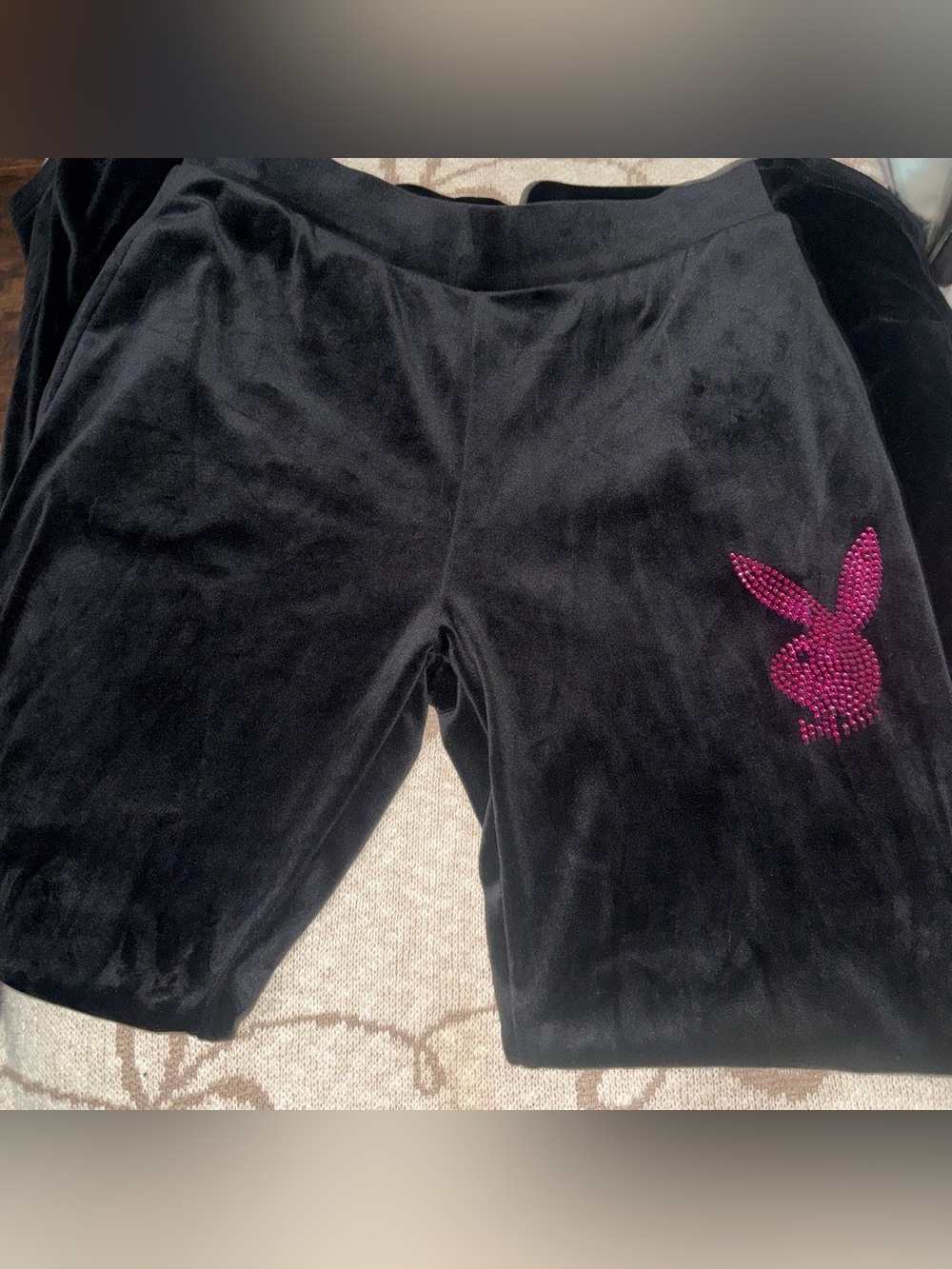PLAYBOY Black Velour Bike Shorts with Pink Crystal Bunny